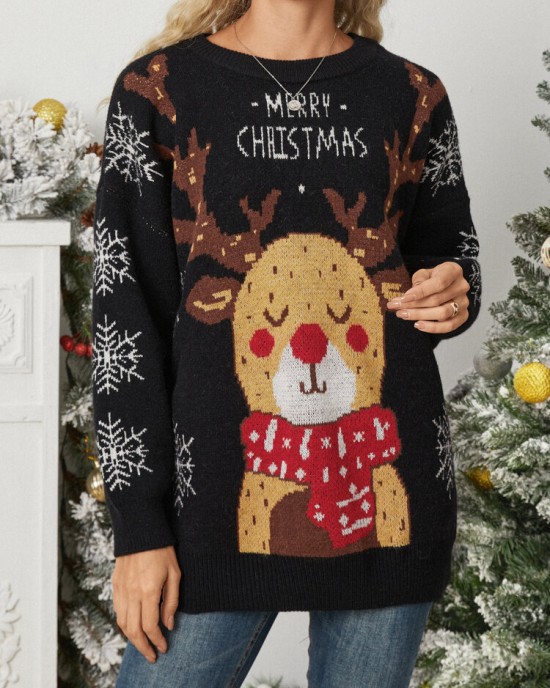 Women Christmas Elk Printed Cartoon Animal Snowflake Round Neck Sweater