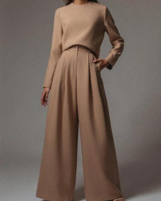 New casual long-sleeved solid color two-piece set HF1603-04-04