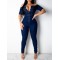 Collar Short Sleeve Buttons Bodycon Denim Jumpsuit Overalls HF2616-02-02