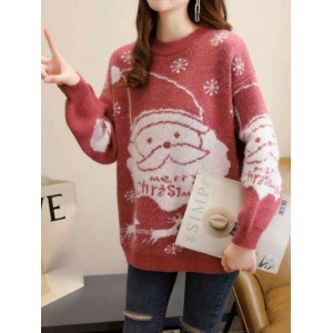 Women Christmas Thermal Knit Cartoon Santa Pattern Casual Sweaters