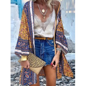 Floral Print Bohemian Open Front Long Sleeve Holiday Cardigan