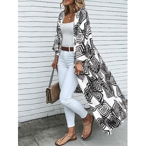 Geo Print Loose Open Front Long Sleeve Bohemian Cardigan