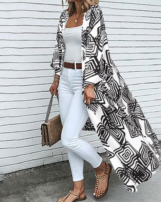 Geo Print Loose Open Front Long Sleeve Bohemian Cardigan