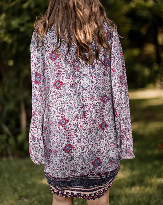 Floral Tribal Pattern Print Open Front Loose Cardigan