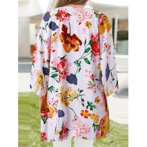 Flower Print Dolman Sleeve Loose Open Front Cardigan