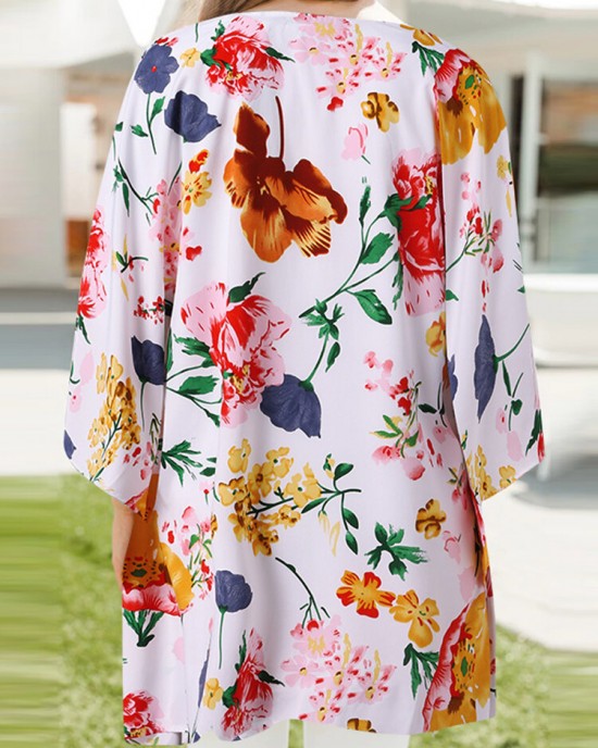 Flower Print Dolman Sleeve Loose Open Front Cardigan