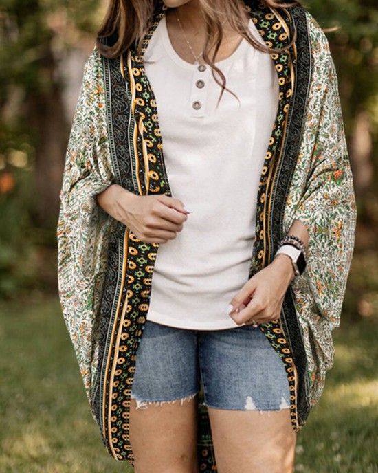 Floral Tribal Pattern Print Open Front Loose Cardigan