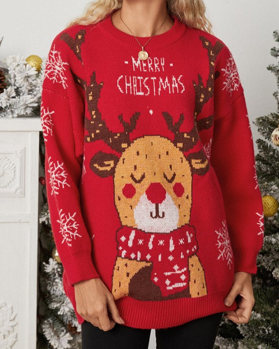 Women Christmas Elk Printed Cartoon Animal Snowflake Round Neck Sweater