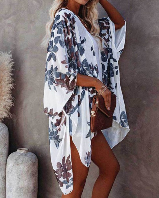 Flower Print Split High  Low Hem Loose Open Front Cardigan