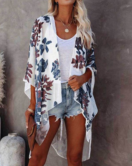 Flower Print Split High  Low Hem Loose Open Front Cardigan