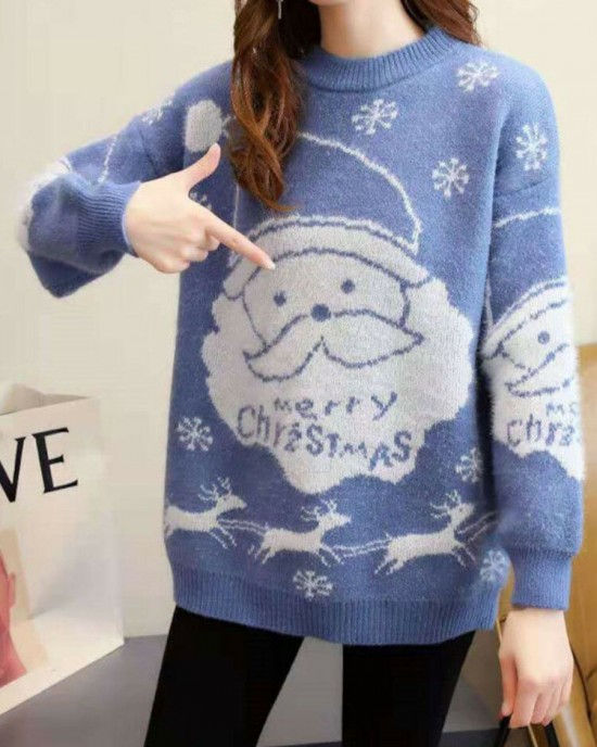 Women Christmas Thermal Knit Cartoon Santa Pattern Casual Sweaters