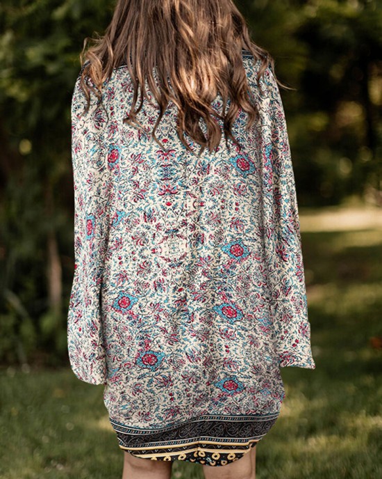 Floral Tribal Pattern Print Open Front Loose Cardigan