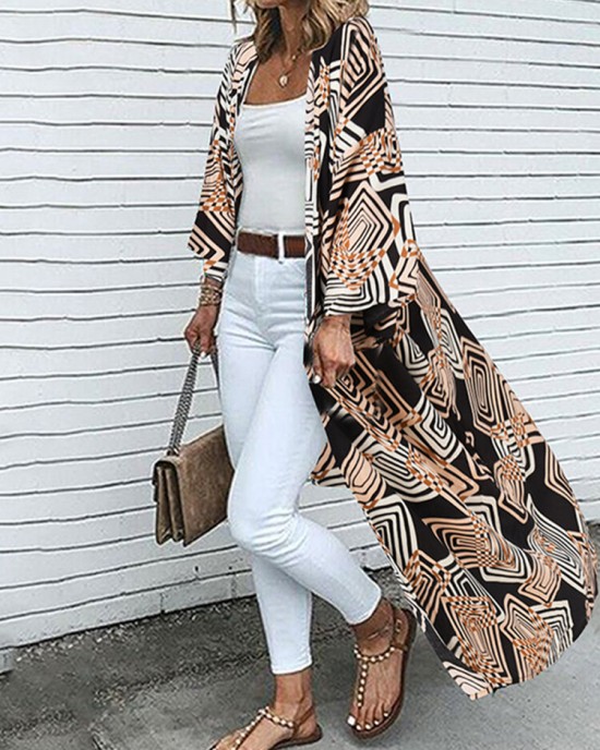 Geo Print Loose Open Front Long Sleeve Bohemian Cardigan