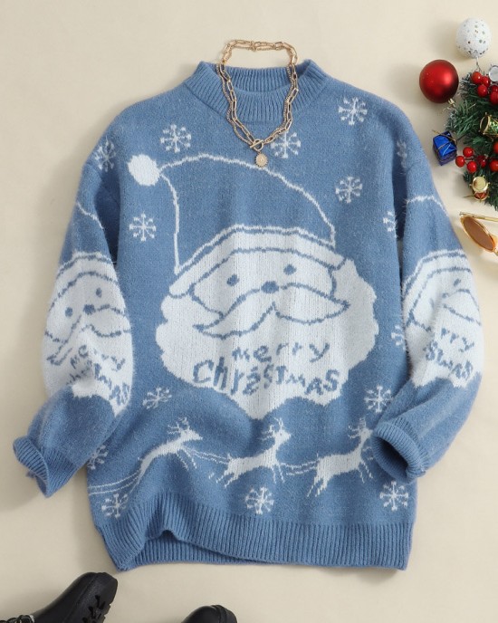 Women Christmas Thermal Knit Cartoon Santa Pattern Casual Sweaters