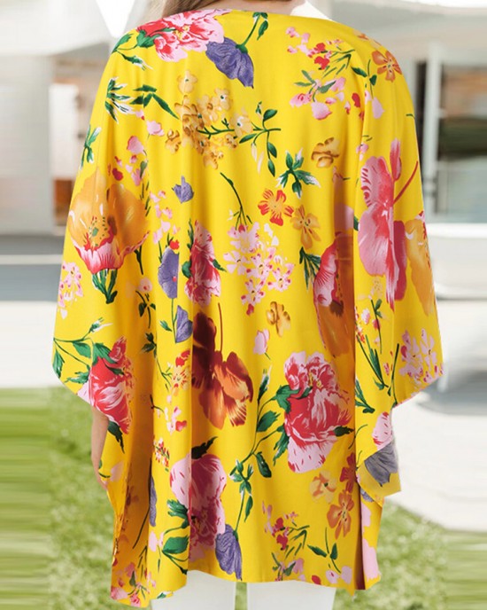 Flower Print Dolman Sleeve Loose Open Front Cardigan