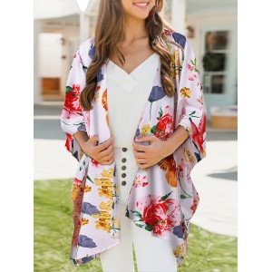 Flower Print Dolman Sleeve Loose Open Front Cardigan