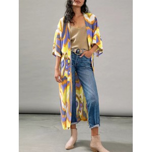 Printing Open Front 3 4 Sleeve Loose Cardigan For Women