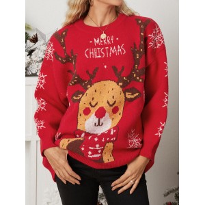 Women Christmas Elk Printed Cartoon Animal Snowflake Round Neck Sweater