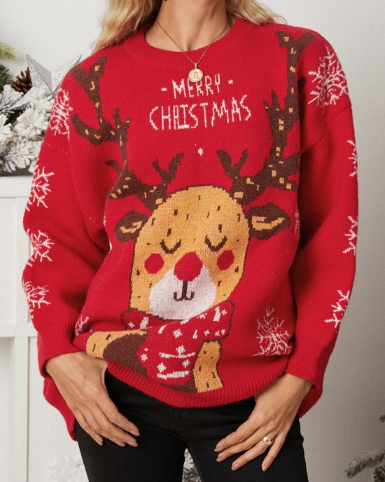 Women Christmas Elk Printed Cartoon Animal Snowflake Round Neck Sweater