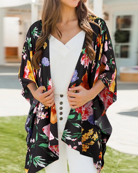 Flower Print Dolman Sleeve Loose Open Front Cardigan