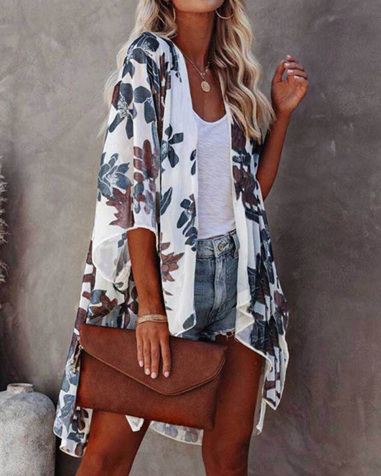 Flower Print Split High  Low Hem Loose Open Front Cardigan