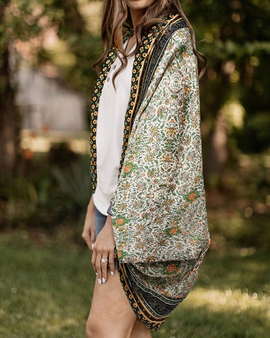 Floral Tribal Pattern Print Open Front Loose Cardigan