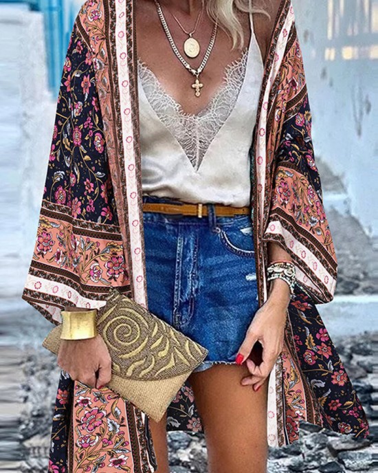 Floral Print Bohemian Open Front Long Sleeve Holiday Cardigan