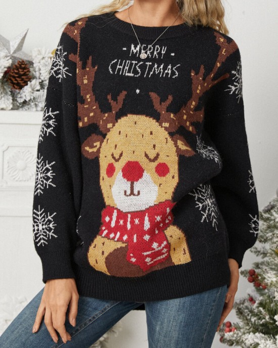 Women Christmas Elk Printed Cartoon Animal Snowflake Round Neck Sweater